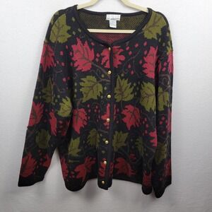 KB Collections k.b. Women Scoop Neck Sweater Black Red Green Leafs Button 1X